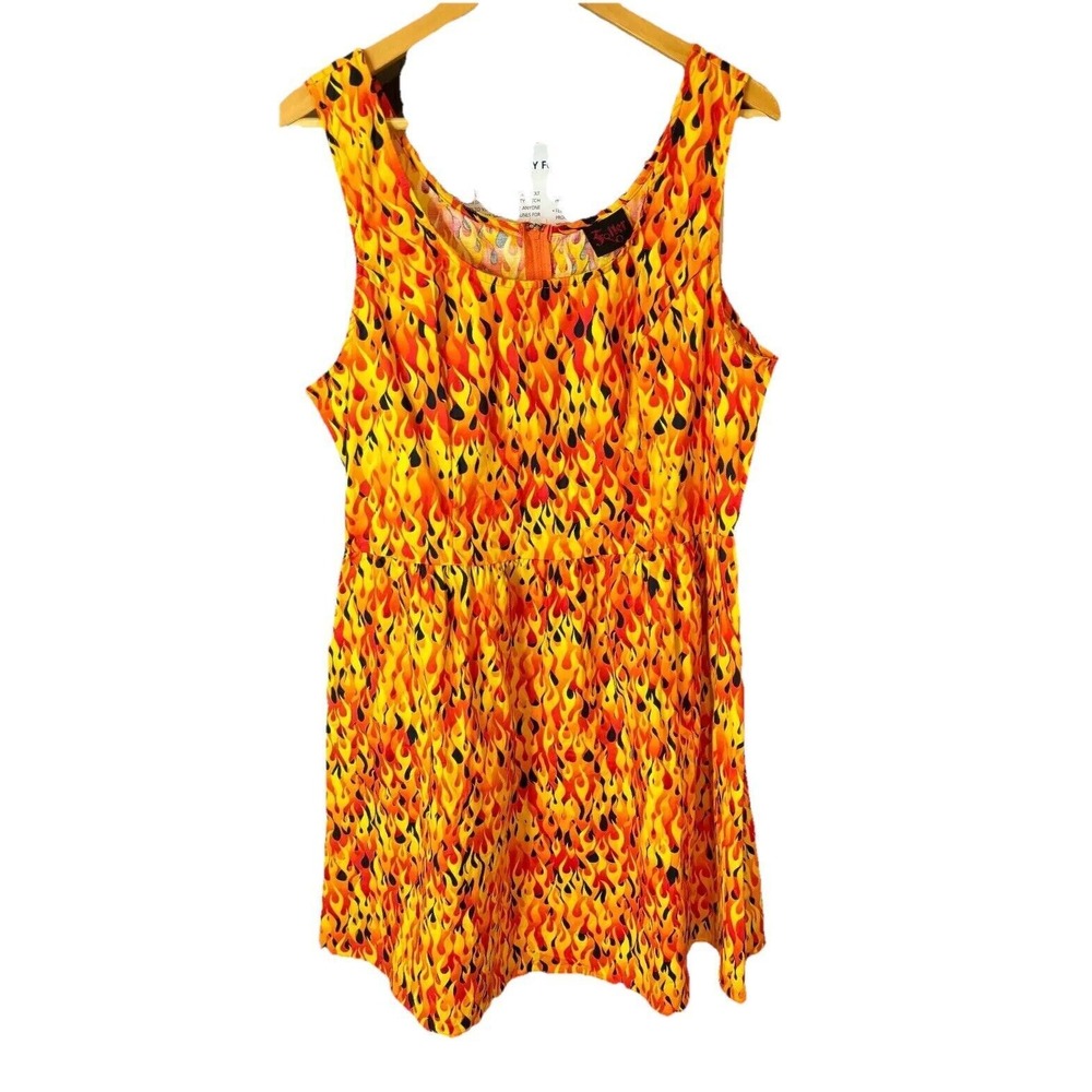 Folter Skater Dress Women's XL Yellow Flame Print Cotton Sleeveless Scoop Neck